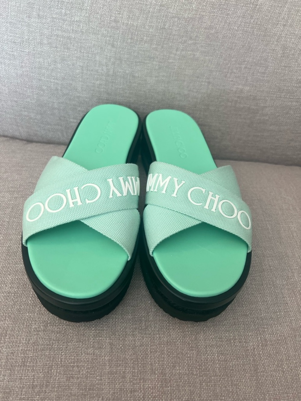 Jimmy Choo Mint Green Crisscross Logo Platform Slides